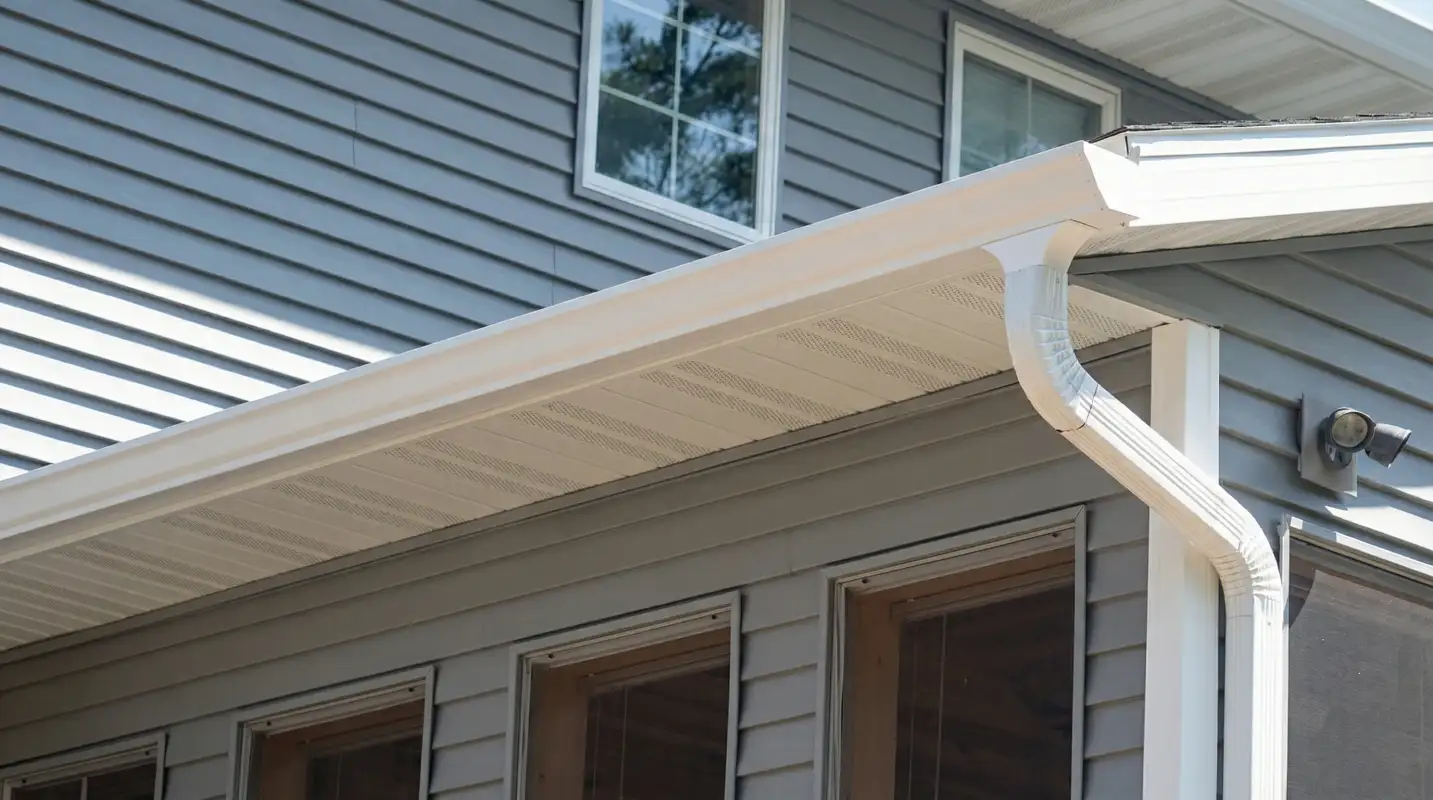 Professional home remodeling project showing newly installed white seamless gutters and downspouts on a house with gray siding in Pasadena, CA