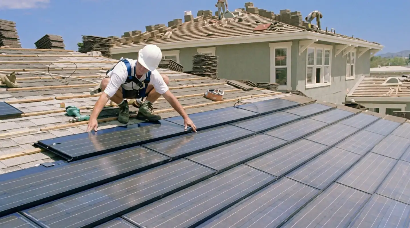 Roof replacement expert installing modern solar shingles on a residential home in Pasadena, CA