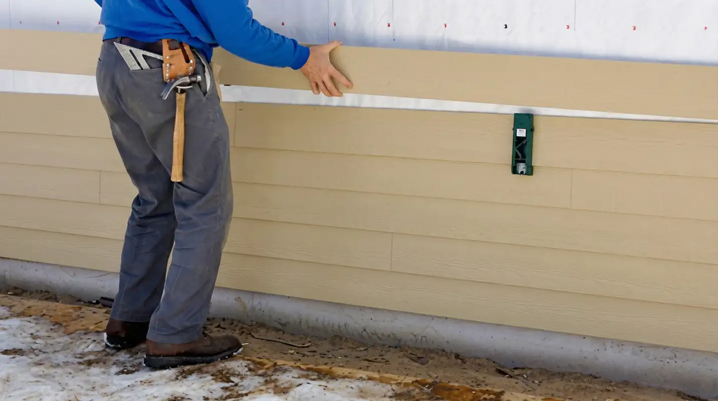 Siding replacement expert carefully aligning a new tan siding panel onto a residential exterior wall in Pasadena, CA