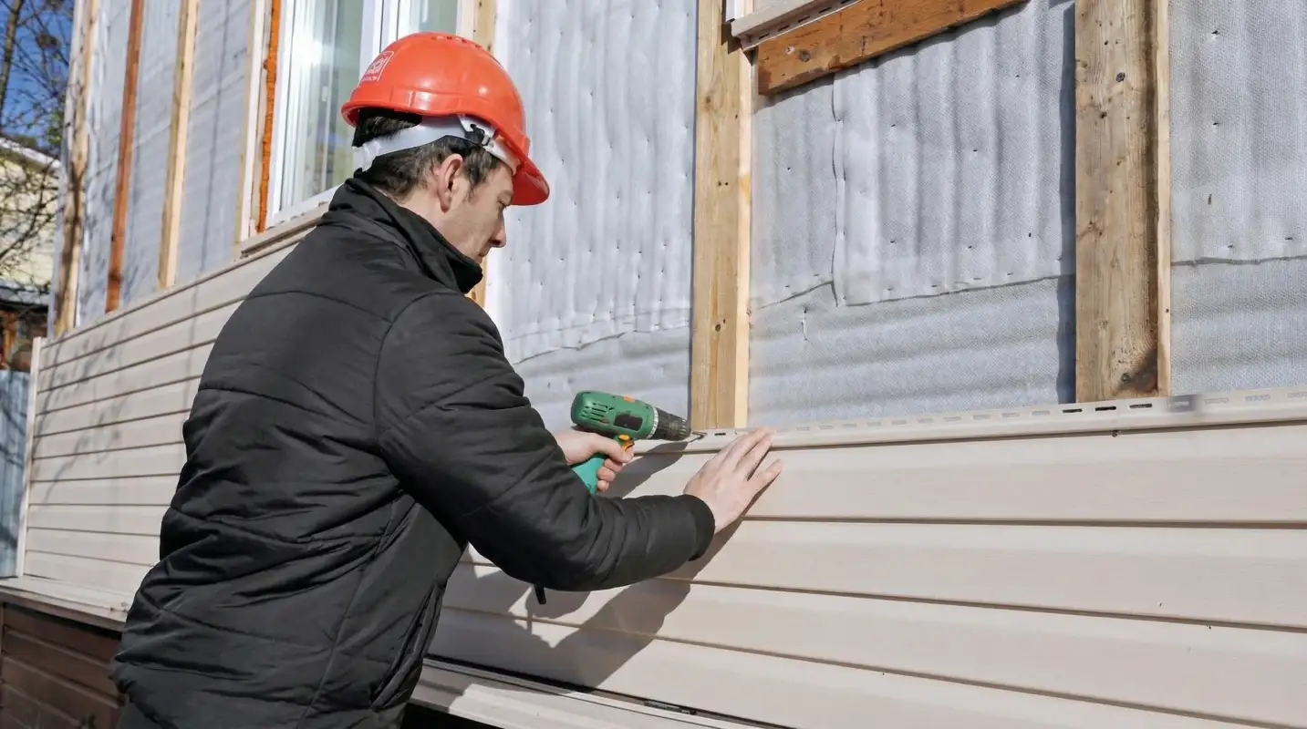 Siding replacement professional using a power drill to install new tan vinyl siding on a home exterior in Pasadena, CA