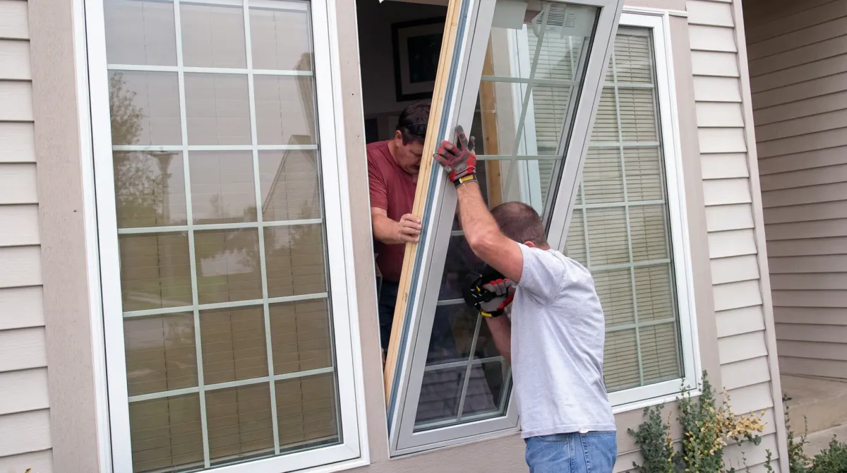 Professional home remodeling team installing a large replacement window on a house with tan siding in Pasadena, CA