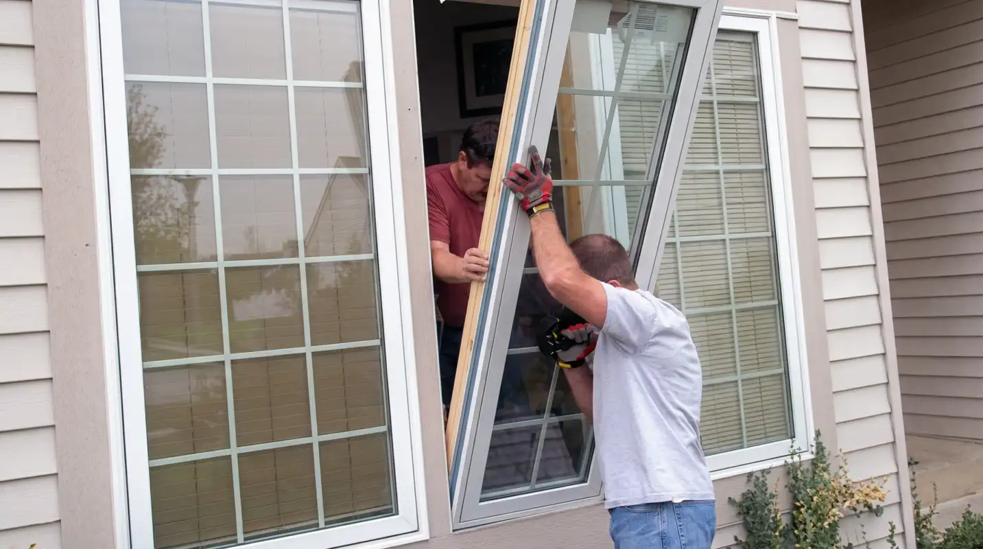 Professional home remodeling team installing a large replacement window on a house with tan siding in Pasadena, CA